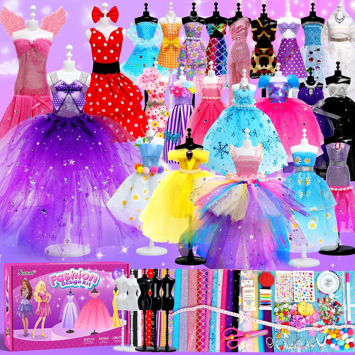 Sunrad 1000+ PCS Fashion Designer Kits for Girls with 5 Mannequins, DIY Arts & Crafts Sewing Kit for Kids Doll Clothes Making Toys, Birthday Gifts for Girls Age 6 7 8 9 10 11 12+