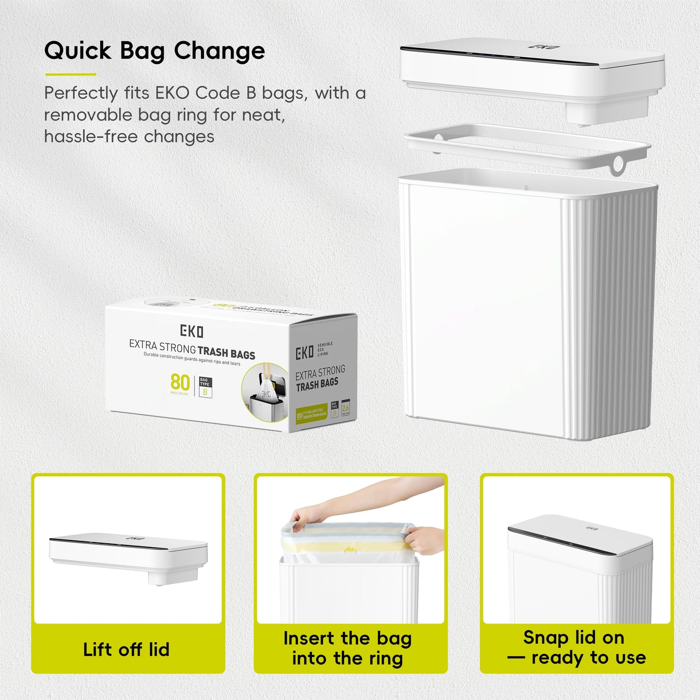 EKO Brio 10L/2.6 Gallon Motion Sensor Trash Can, Automatic Touchless Bathroom Garbage Bin, Waterproof Smart Trash Can for Kitchen, Bedroom, and Office, White