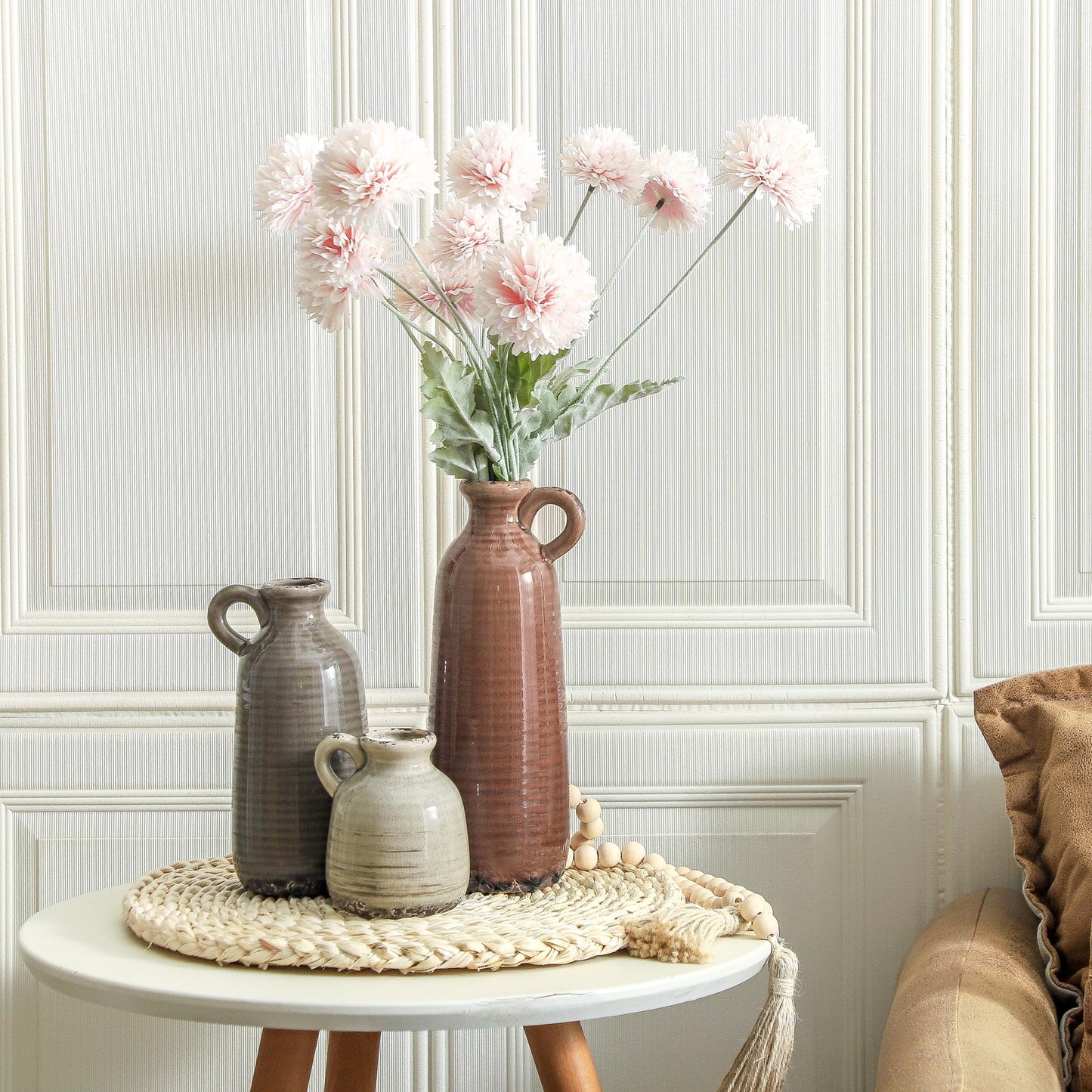 Ceramic Vases Set of 3, Neutral Rustic Farmhouse Vase with Handle, Decorative Flower Vases Home Decor Modern Boho Pampass Vase for Table Mantel Entryway Shelf Living Room Kitchen Bathroom - Brown