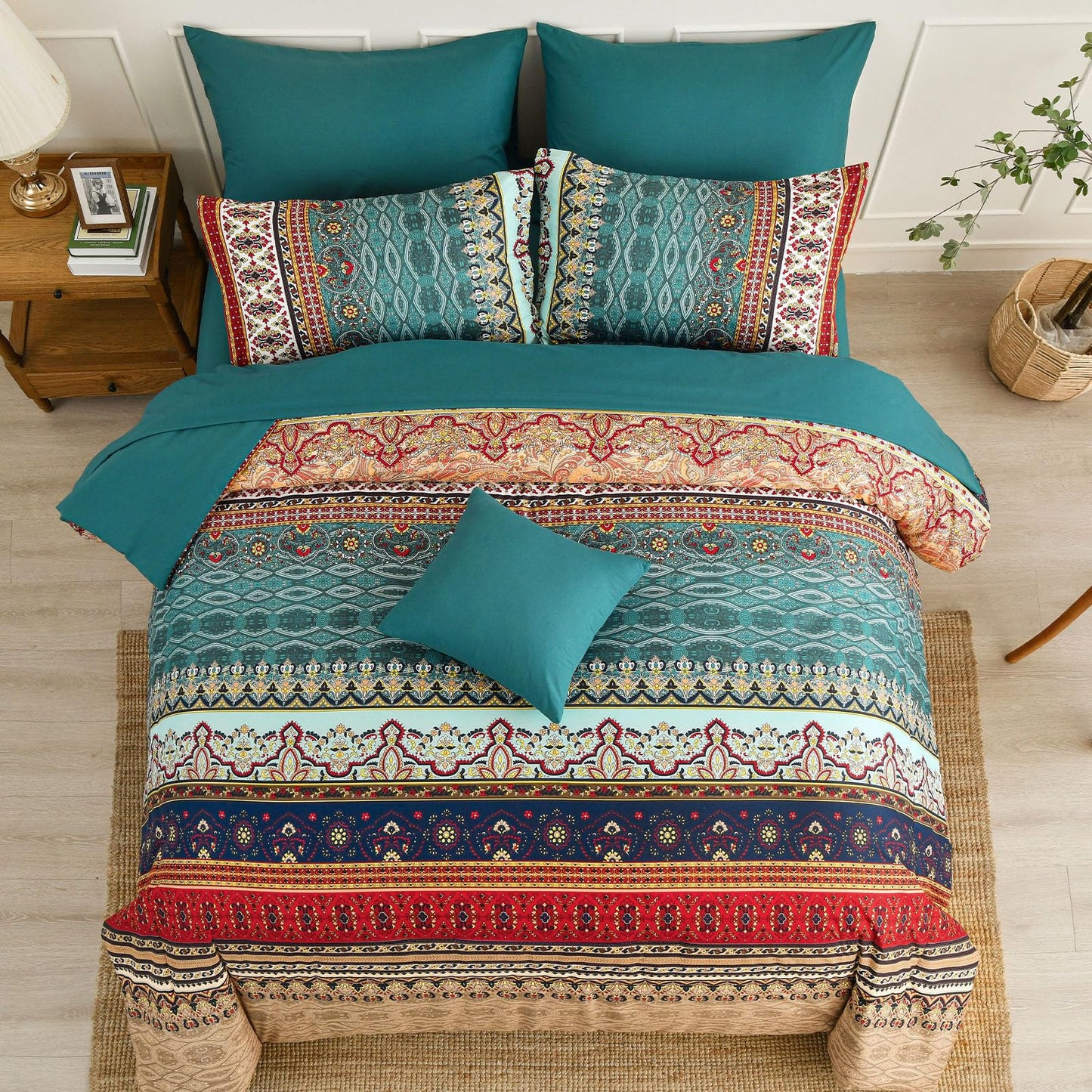 Cottolester Boho Queen Size Comforter Set 8 Pieces,Green and Brown Bohemian Striped Bed in a Bag,Floral Soft Microfiber Bedding Comforter Set