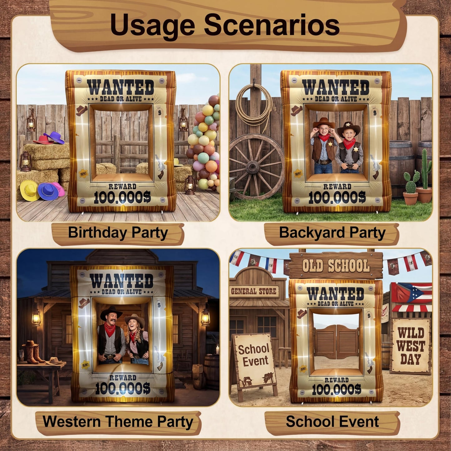 Western Party Decorations 7FT Inflatable Wanted Poster Frame, Rodeo Party Decorations, Wild West Party Backdrop with Western Photo Booth Props for Cowboy Birthday Party