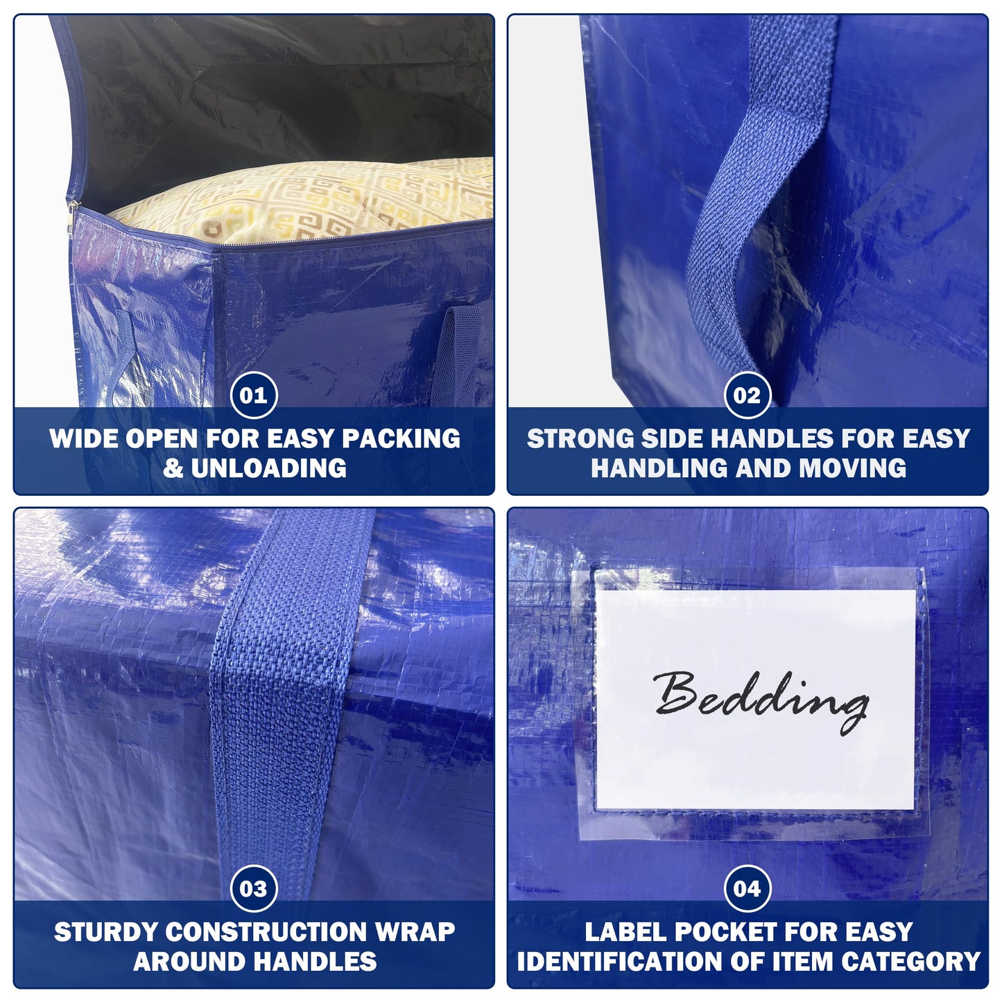 16 Pack Extra Heavy Duty Large Moving Bags with Strong Zipper & Carrying Handles, Sturdy Clothes Storage Bag Totes Bins, Packing Bags Moving Boxes College Moving Supplies, Dark Blue - 33 gal