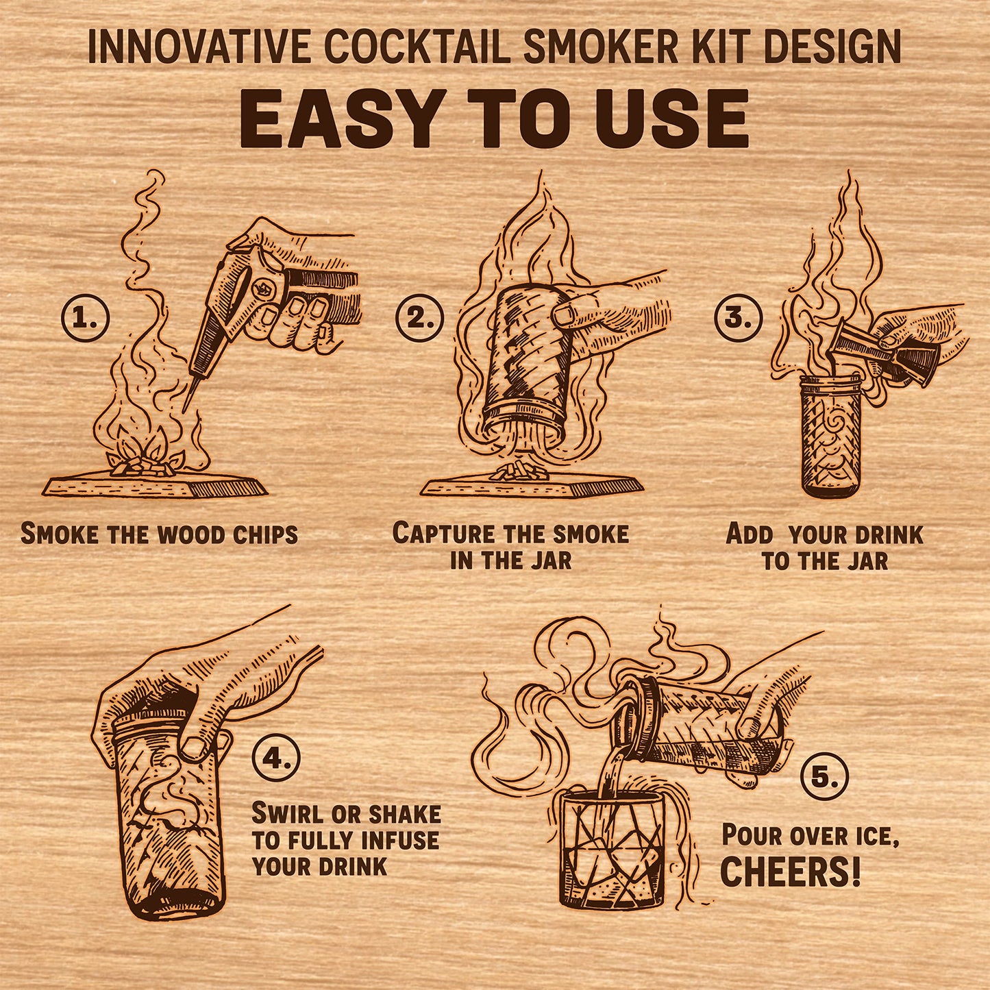Cocktail Smoker Kit with Torch for Smoking Bourbon Whiskey Cocktails 7 Piece Old Fashioned Smoker Kit with Carrying Case Includes a Handcrafted White Oak Smoking Board with 3 Different Wood Chips