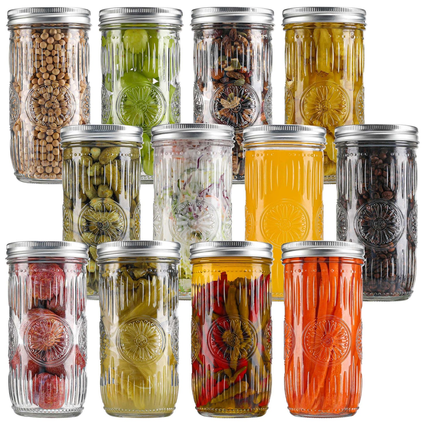 Qumuauu 12 Pack 24 oz Tall Wide Mouth Mason Jars – Pint and a Half Glass Canning Jars with Airtight Metal Lids & Bands for Pickling, Fermenting, Cold Brew, Overnight Oats, Meal Prep