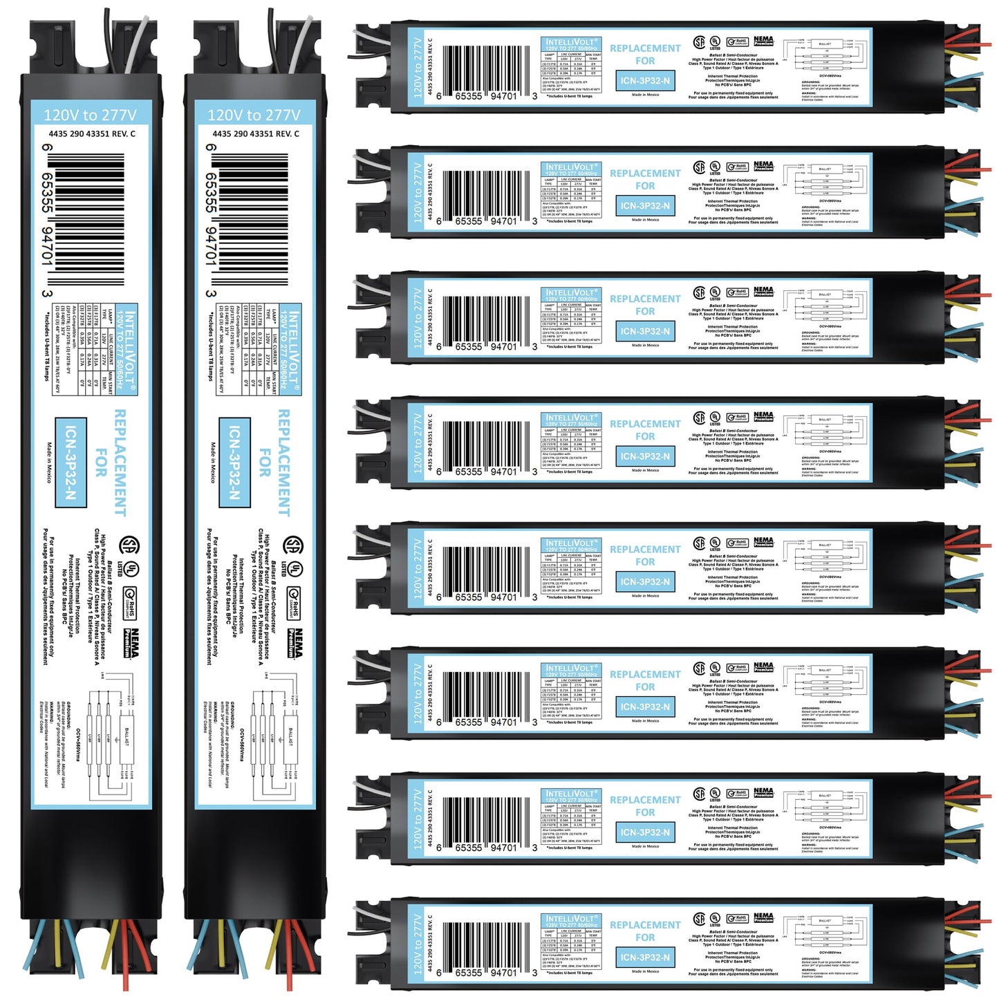 10 Pack - Replacement for ICN-2P32-SC 1 & 2 Lamp T8 Fluorescent Electronic Ballast - 120-277 Volt - Instant Start - UL Approved