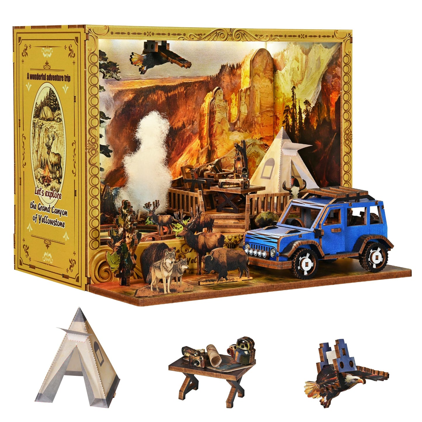 Roine Lxux Yellowstone National Park 3D Wooden Puzzle - Realistic National Park Model with Wildlife Figurines and Camping Scene - Creative Gift for Families and Friends