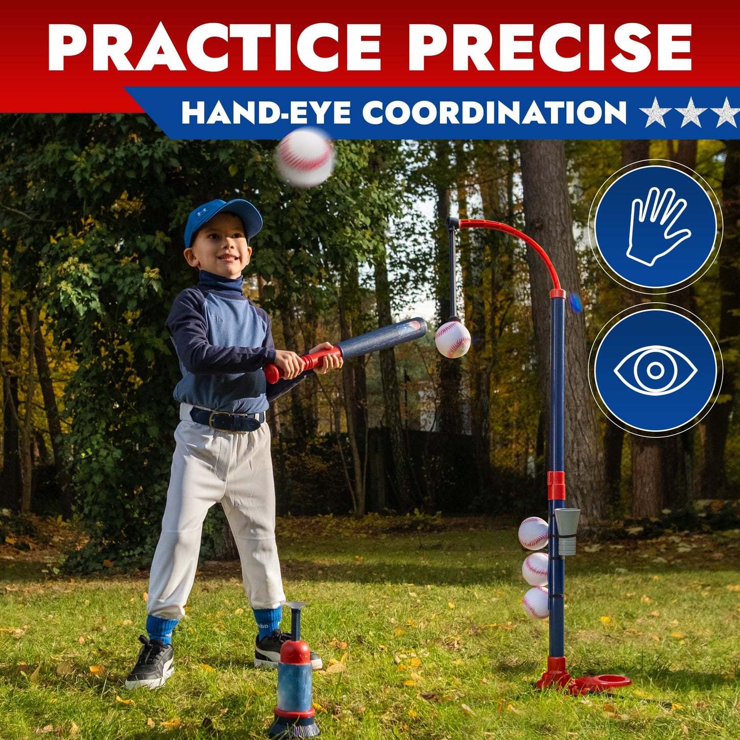 TOMLEON 3-in-1 Baseball Set for Kids 3-5 - Tee Ball Stand, Hanging Tee, Ball Launcher and 6 Softballs - Adjustable Height, Indoor/Outdoor Sport Gifts for Boys