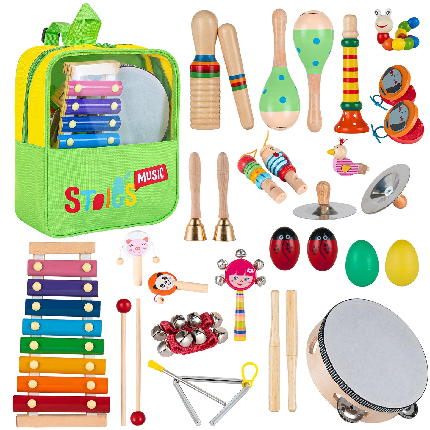 Stoie's 34 PCS Kids Musical Instruments for Babies and Toddlers, Montessori Educational Music Toy with Xylophone, Tambourine, Hand Bell, Triangle, Maracas, Durable, Storage Bag, Unisex