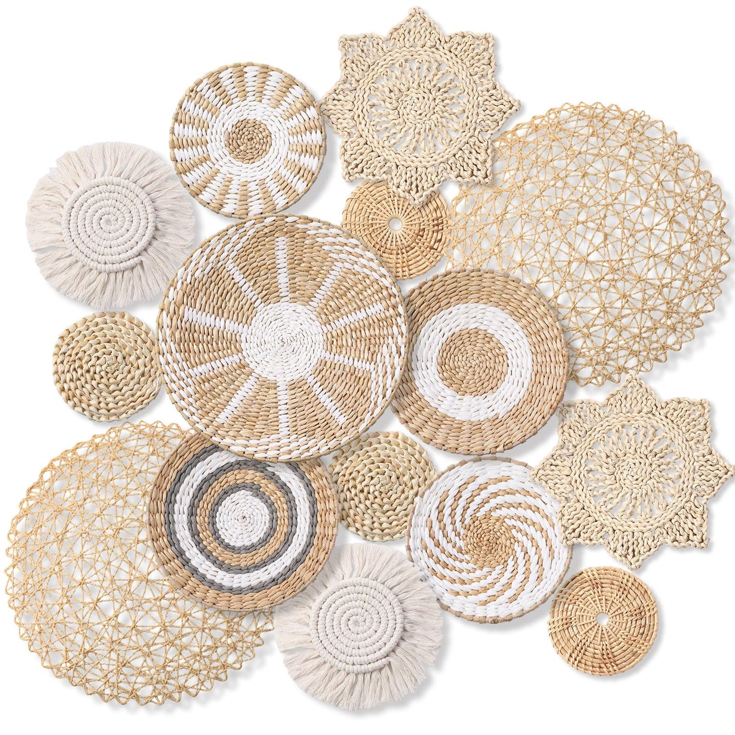 Anglechic 15 Pcs Boho Wall Basket Decor Woven Rattan Seagrass Wall Decor Hanging Rustic Farmhouse Western Art Decoration for Nursery Living Room Bedroom Home Kitchen(Grey White Style)