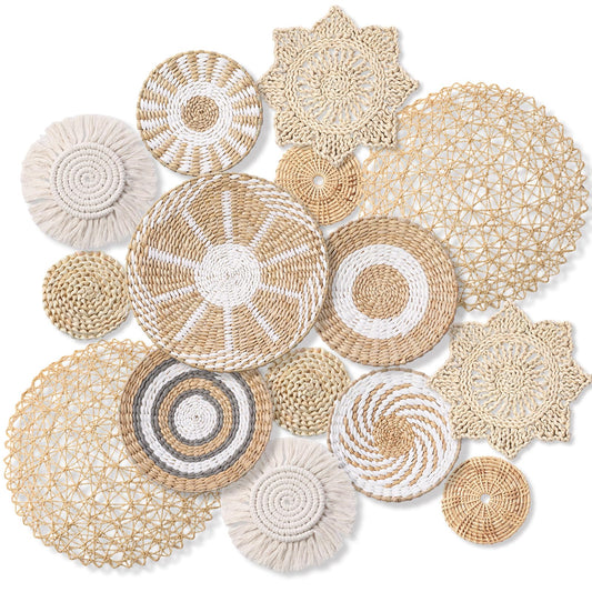 Anglechic 15 Pcs Boho Wall Basket Decor Woven Rattan Seagrass Wall Decor Hanging Rustic Farmhouse Western Art Decoration for Nursery Living Room Bedroom Home Kitchen(Grey White Style)