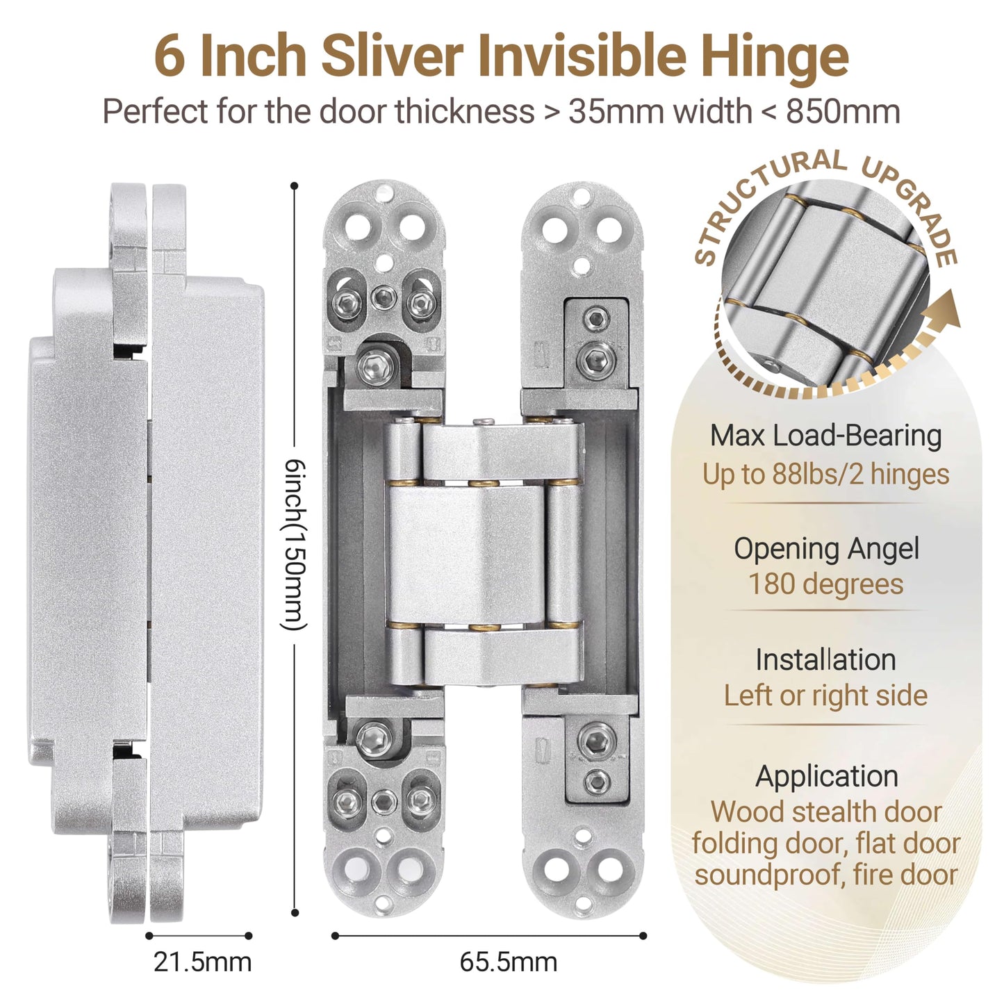 Upgraded Invisible Door Hinges (4 pcs) -6 Inch Sliver Hidden Hinges for Doors, 3 Way Adjustable & 180 Deg Swing & Copper Support Invisible Hinge, Heavy-Duty Concealed Door Hinges 88Lbs Load-Bearing