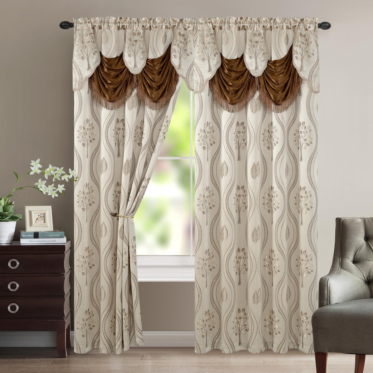 Elegant Comfort Luxurious Aurora Jacquard Look Curtain Panel Set with Attached Valance 54" X 95 inch (Set of 2), Beige