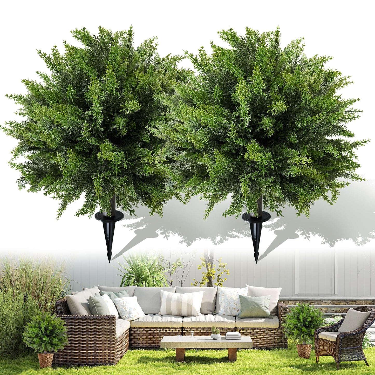 DOPGIB Artificial Cedar Topiary Ball Tree with Ground Spike: 23 Inch 2 Pack UV Resistant Faux Green Cypress Shrubs Plants Fake Bushes for Front Porch, Garden, Indoor and Outdoor Home Decor