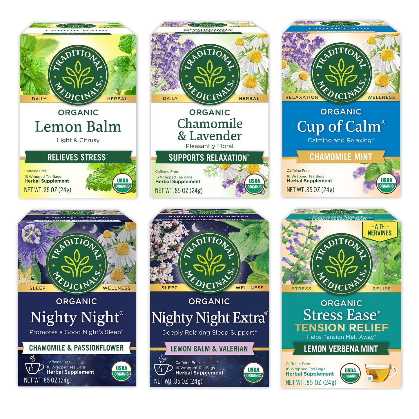 Traditional Medicinals Organic Herbal Tea Variety Pack for Stress and Sleep Support, 6 Flavors, Lavender, Chamomile, Lemon & Valerian Root, 96 Tea Bags, (6 Pack)