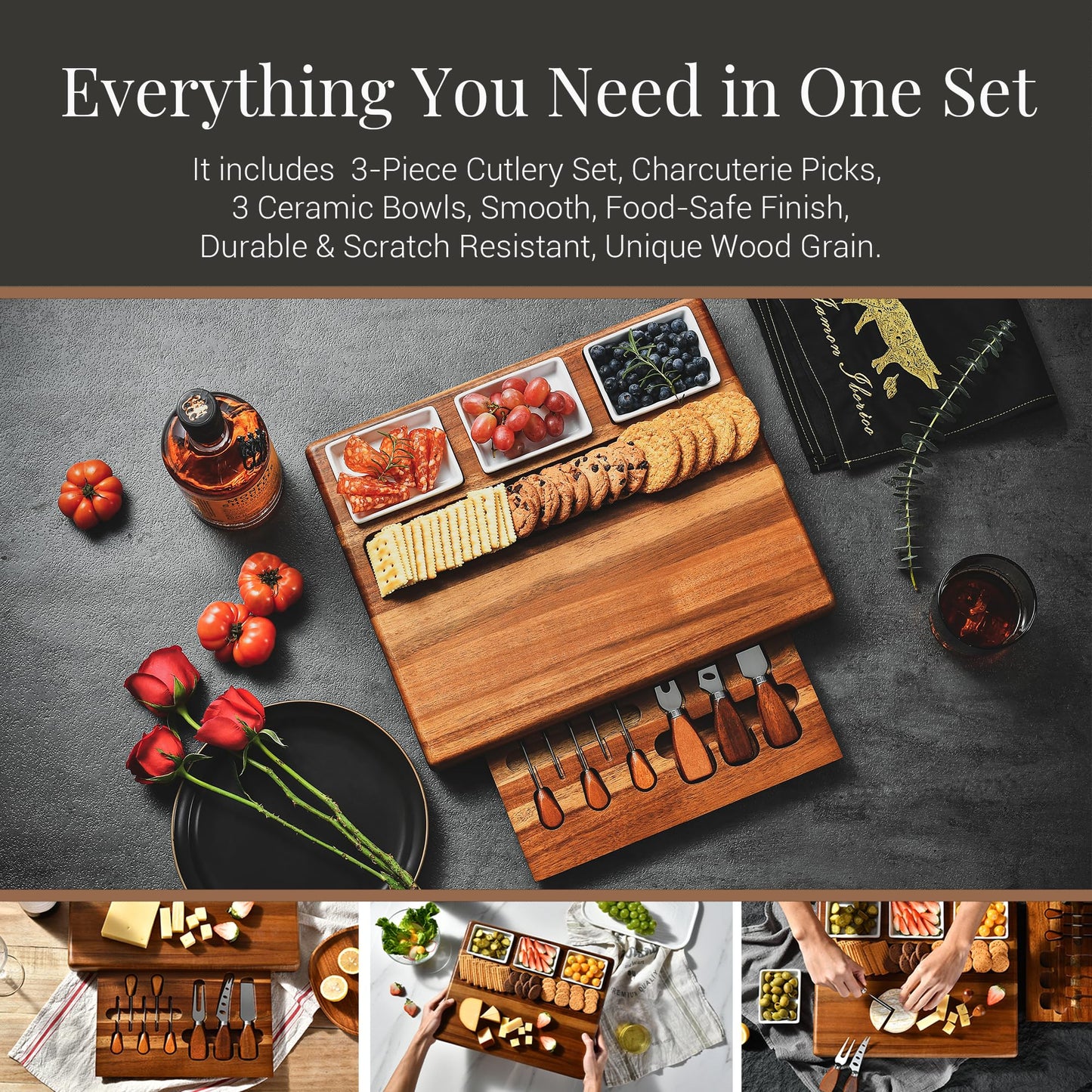 Shanik Large Acacia Wood Charcuterie Board Set with 3 Removable Ceramic Bowls & Serving Utensils - Housewarming, Wedding, Bridal Shower, Home and Kitchen, New Home Gift Ideas for Women, Gifts for Her
