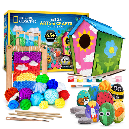 Blue Marble National Geographic Mega Arts & Crafts Activity Kit – 3 Craft Kits in 1 to Build, Paint, Weave & Create, River Rock Painting Kit, Weaving Loom for Kids & DIY Birdhouse Craft