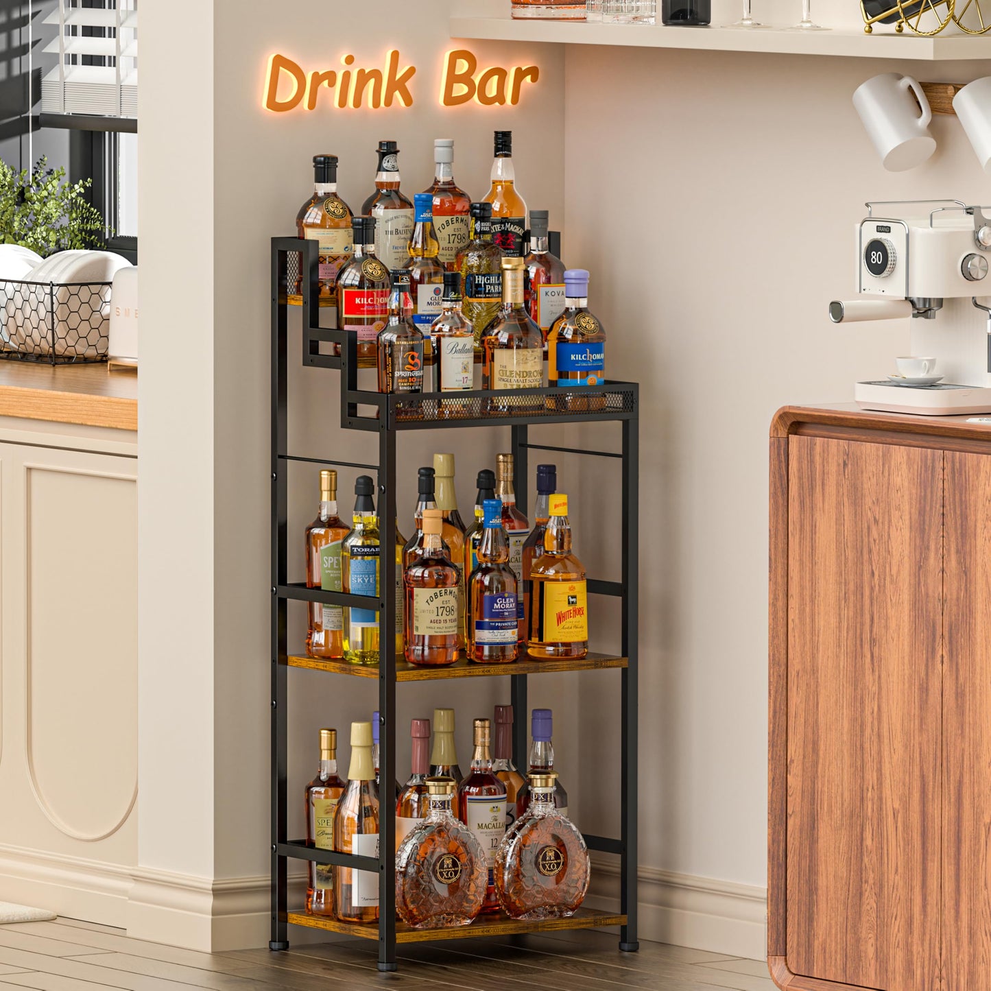 5-Tier Trapezoidal Liquor Cabinet Bar for Home, Stepped Wine Rack Freestanding Floor, Corner Syrup & Whiskey Stand, Large-Capacity Alcohol Bottle Storage Display Shelf Living Room, Patent Pending