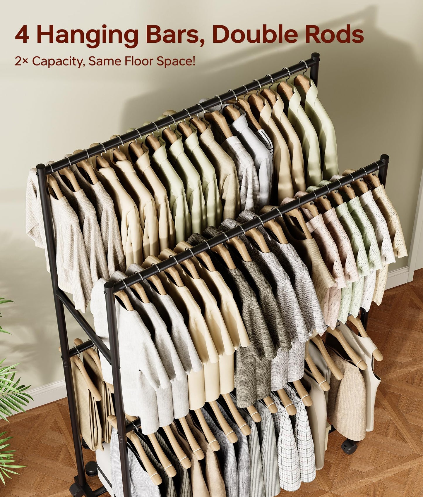 Tujurich Clothes Rack - 36.2" x 21.3" x 72", 4-Bar Double Rod Rolling Metal Clothing Rack for Hanging Clothes, Portable Garment Rack with Wheels for Bedroom Laundry, Closet Wardrobe, Black