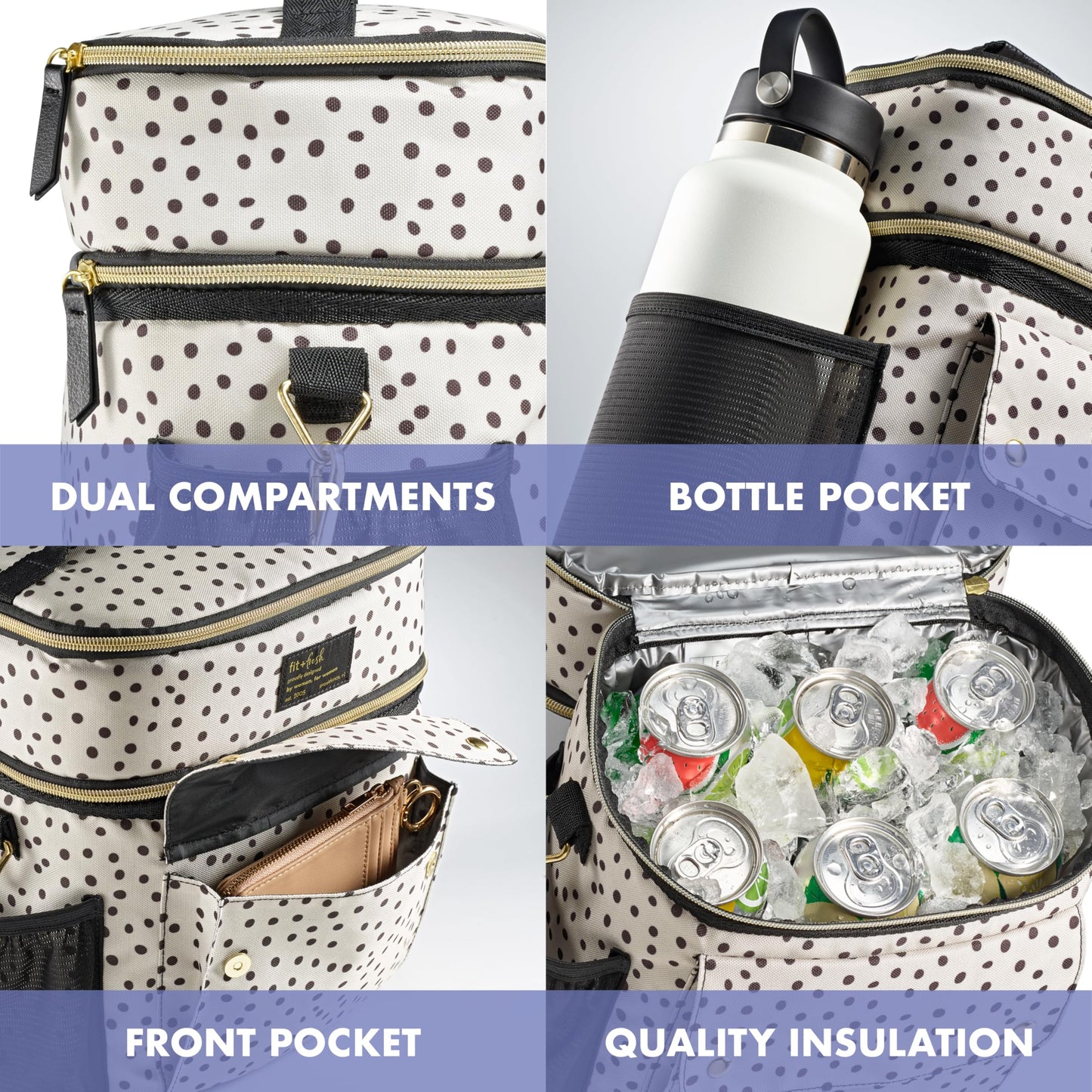 Fit & Fresh Westminster Dual-Compartment Insulated Lunch Bag for Women, Complete Lunch Set with 2 Containers, Double Deck Insulated Cooler Bag with Adjustable Strap, Black & White Polka Dots