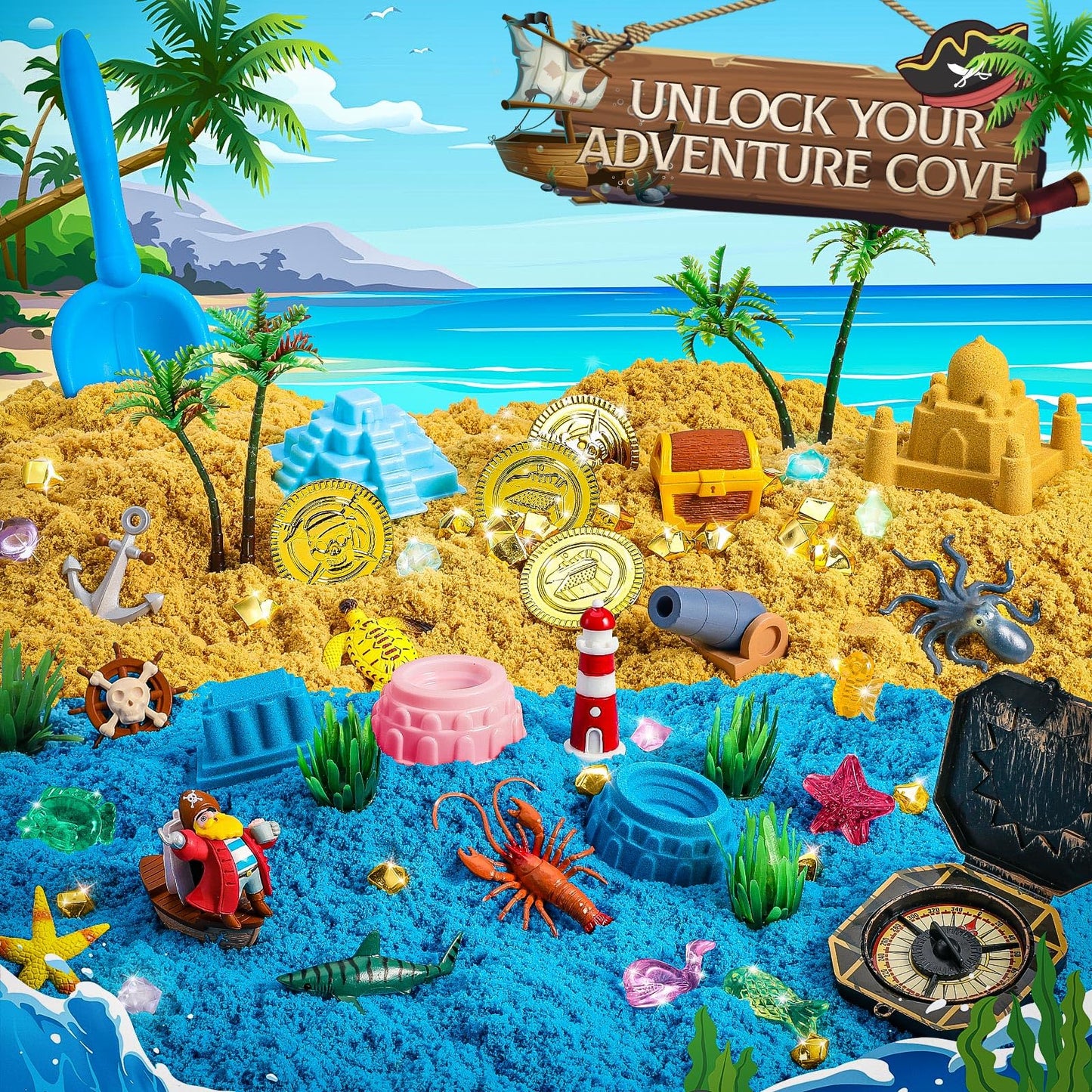 KNASON Pirate Treasure Chest Sensory Bin,Play Sand Kit for Boys with Pirate Accessories,1 KG Sand,Glow in The Dark Gems and Map,Pretend Play Adventure Sensory Toys for Toddlers Kids Ages 3 4 5 6 7 8