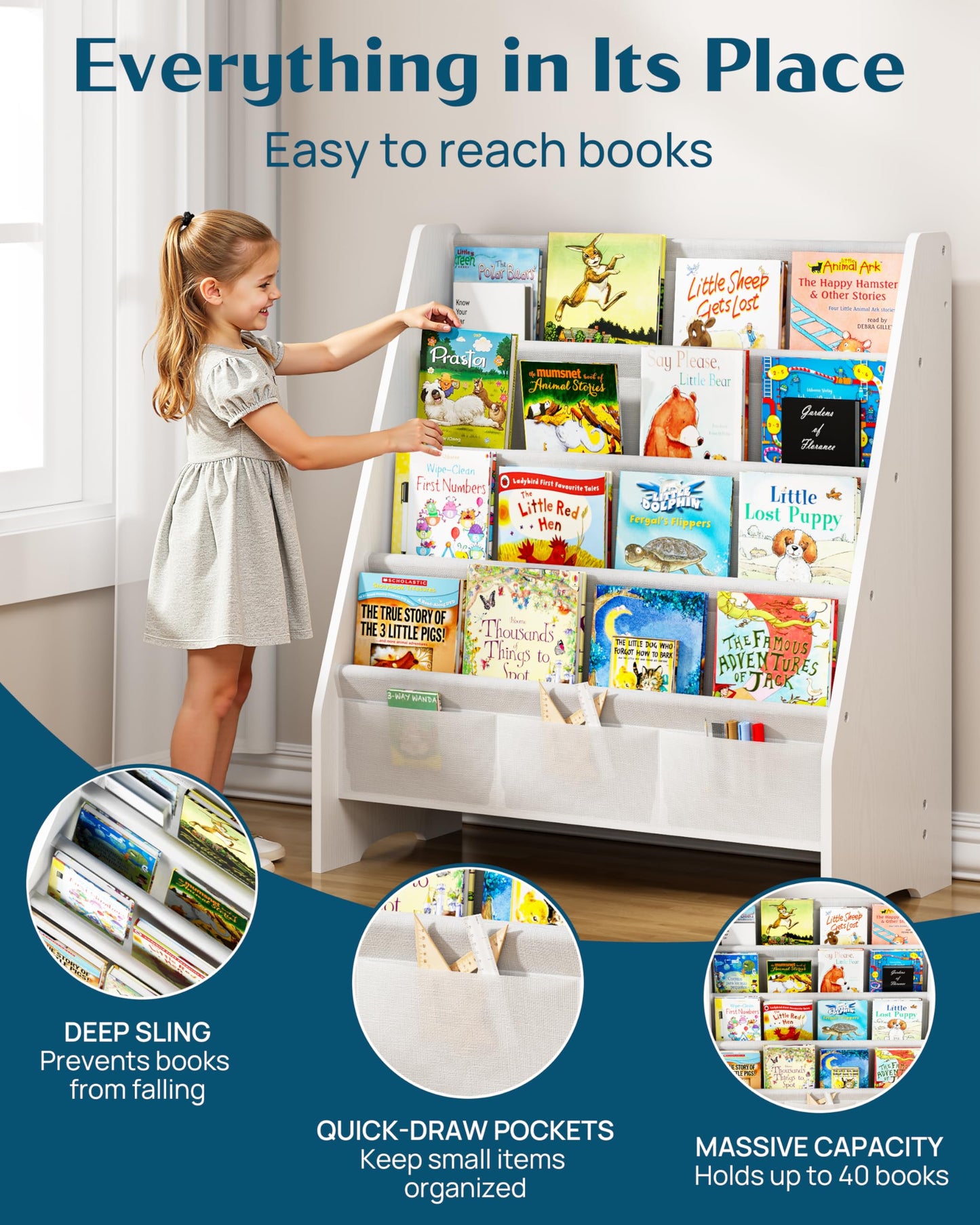 SEIRIONE Sturdy Kids Bookshelf,4-Tier Book Shelf for Kids Room with Tear-Proof Oxford Fabric-Nursery Room Playroom Classroom,Deep Slings to Keep Books Upright,Ideal Height for Toddler Age 3+, White