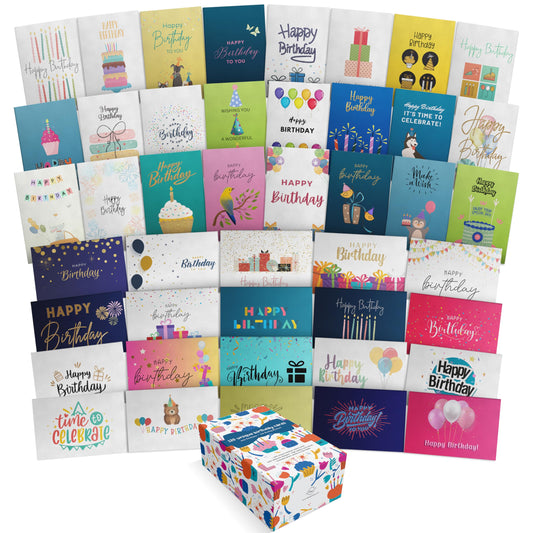 Dessie 120 Unique Happy Birthday Card Assortment 4x6 - Bulk Birthday Cards with Envelopes, Message Inside, Box & Gold Seals – Assorted Birthday Cards Multipack for Employees Men Women