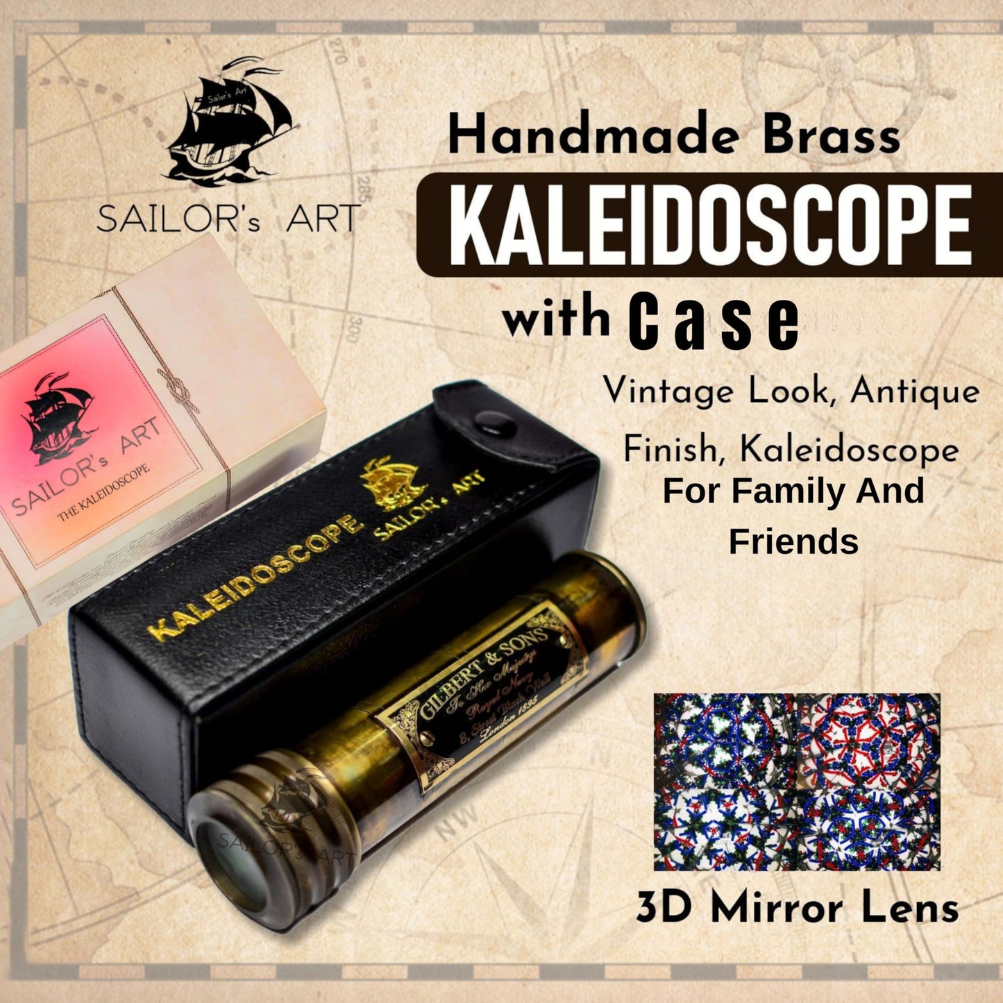 Sailor's Art Kaleidoscope with Case, Vintage Collection Kaleidoscope, Antique Finish Birthday Gift, 3D Lens Solid Brass 5.5 Inch for Friends and Family