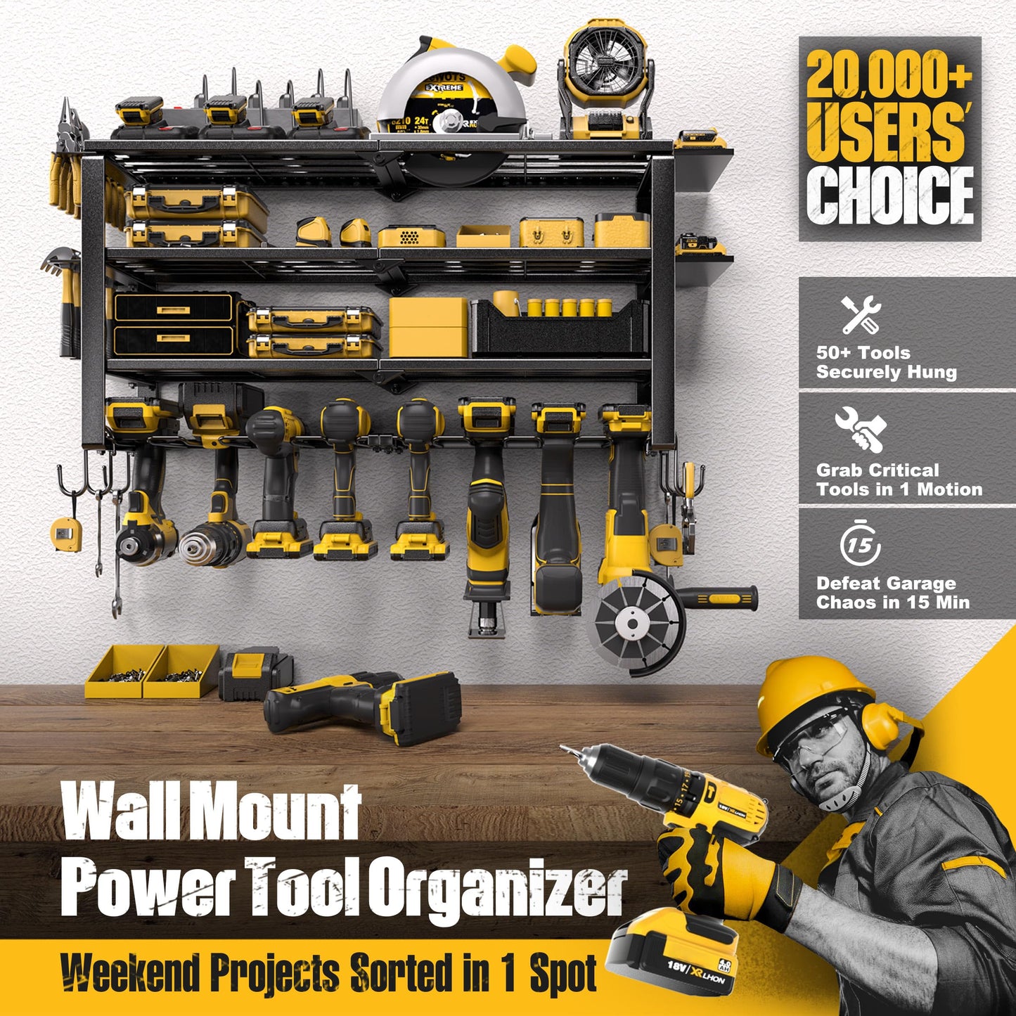 Spampur 420LB Capacity Power Tool Organizer with Charging Station & 6 Outlets | Quick Assembly 4-Layer Heavy Duty Rack for Drills & Batteries | Ultimate Garage Storage & Christmas Gift for Men