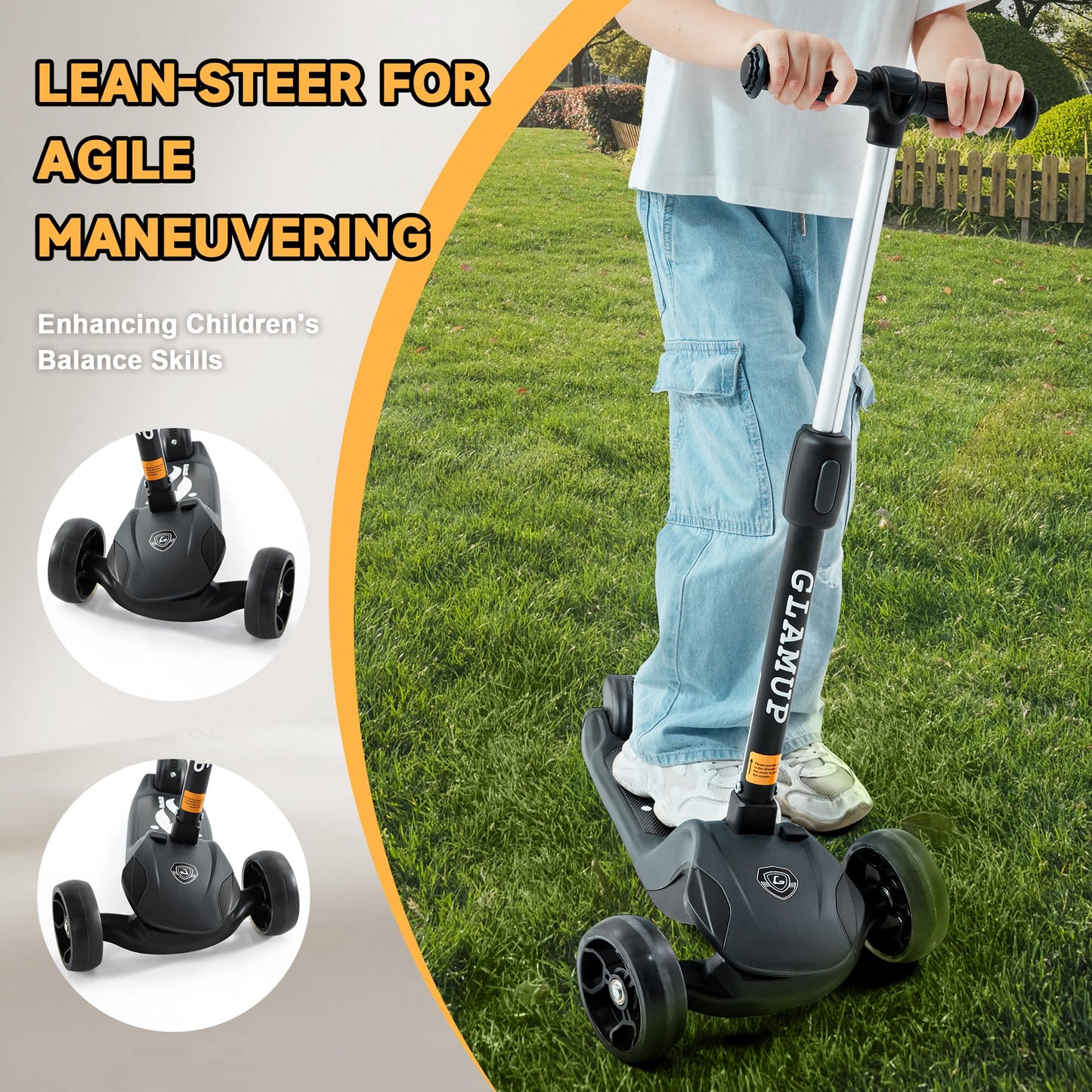GLAMUP Kick Scooter Adjustable Height Adjustable Handlebar，Kids Scooter 3 Wheel with LED Lights，Suitable Kids Ages 2，Ages 6，Ages 8，Extra Wide Deck for Boys and Girls, Black