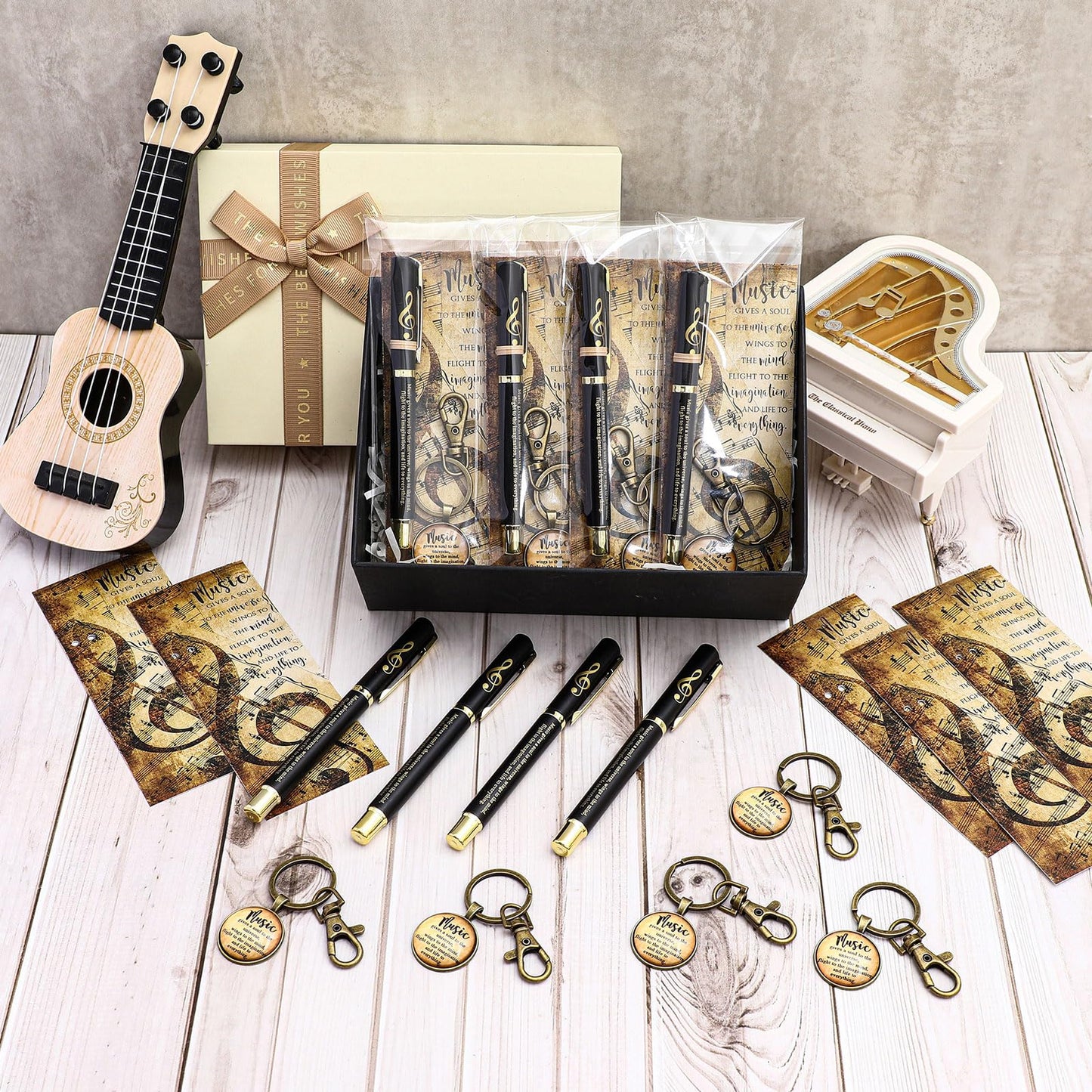 Spakon 90 Pcs Music Appreciation Gifts Bulk Inspirational Musical Pens Musical Keychains and Bookmarks End of Year Gifts for Students Music Lovers Musician Teachers Band Choir Graduation Party Favors