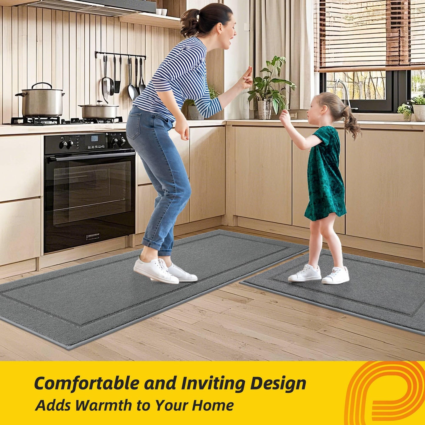 Non-Slip Kitchen Mats, Self Adhesive No Sliding Kitchen Rugs Set of 2, Soft Washable Absorbent Floor Rugs for Area Rug, Kitchen, Entrance, Bathroom, Laundry Room, Bedroom, 24”x36”+24”x60”, Light Grey