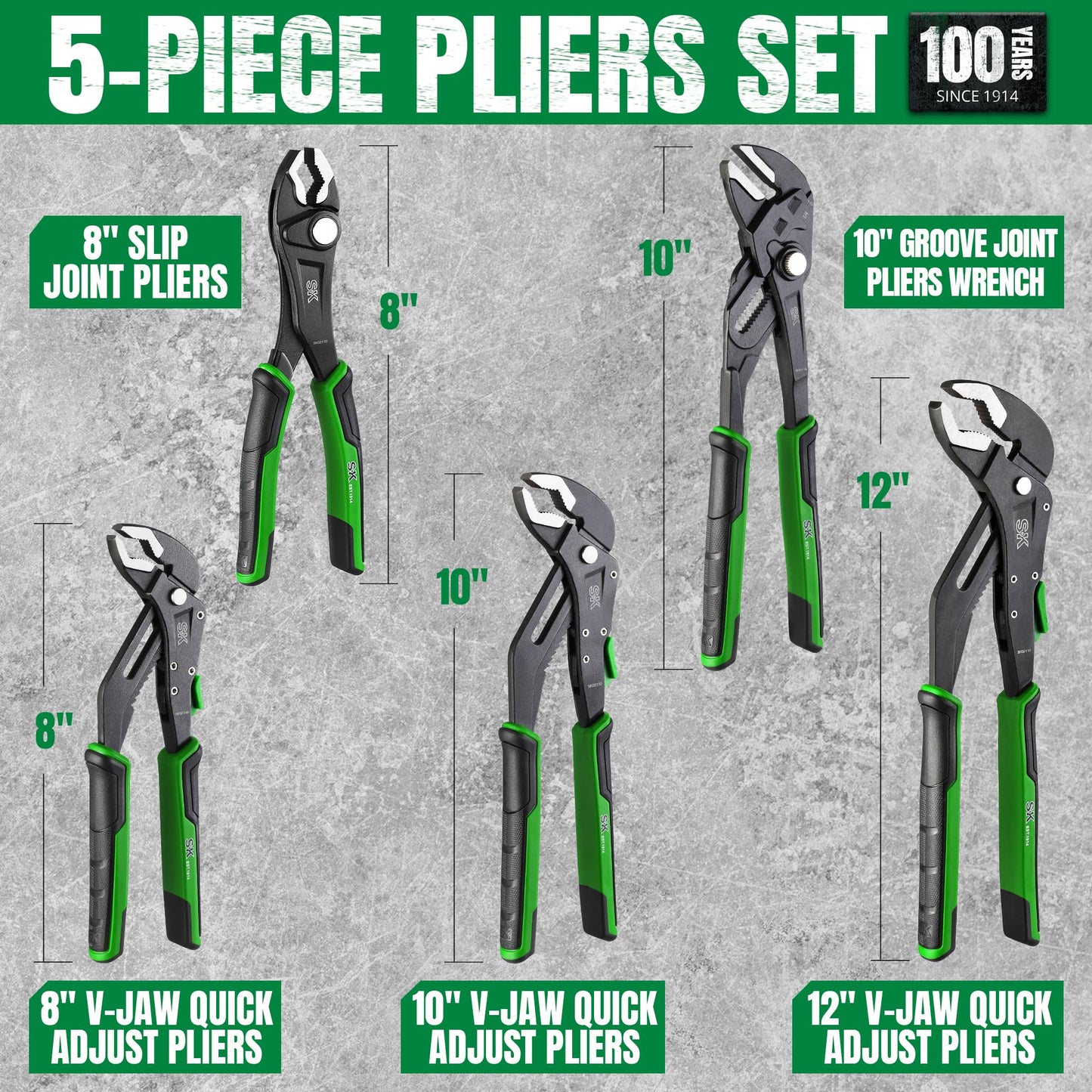 SK 5-Piece Pliers Set, 8" Adjustable Joint Plier, 8", 10" and 12" Quick Adjust V-Jaw Groove Joint Pliers, 10" Plier Wrench, Premium CR-V Construction, with EVA Foam Tool Organizer