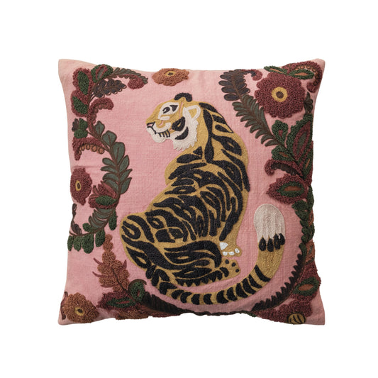 Creative Co-Op Embroidered Tiger and Flowers Cotton Slub Pillow, Multicolor