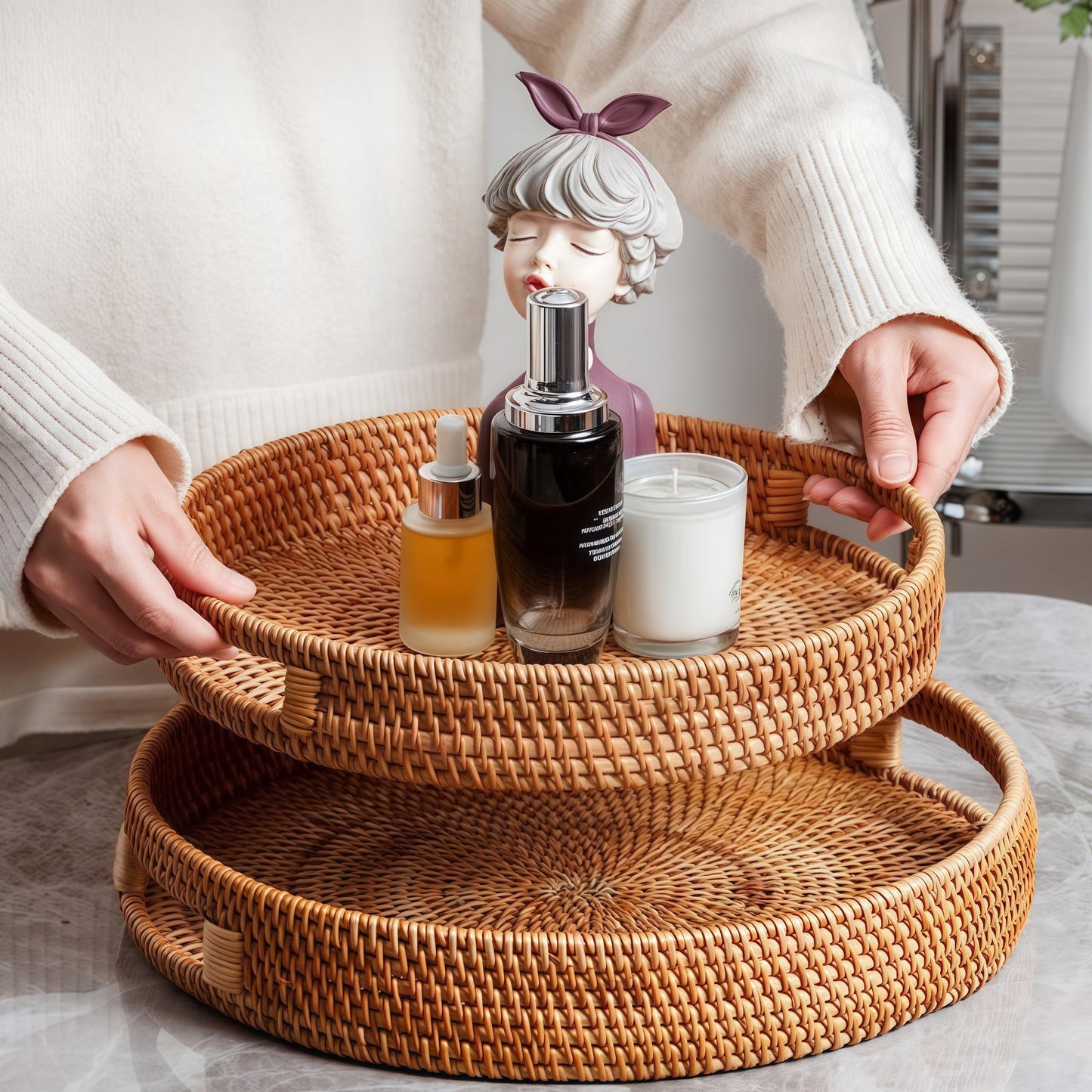 16.9" Round Rattan Tray, Hand Woven Serving Tray with Handles, Wicker Serving Basket, Decorative Tray for Home Decor, Natural