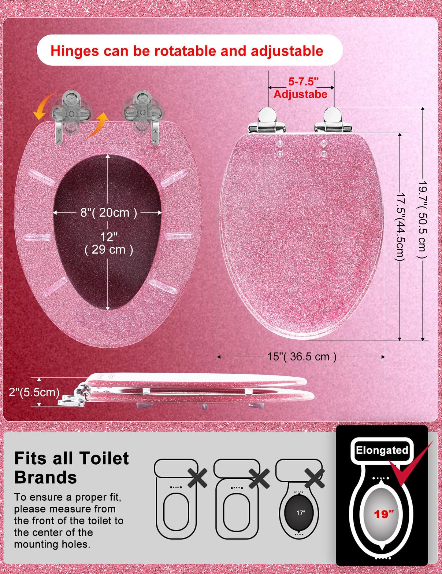 Angol Shiold ELONGATED Pink Toilet Seat Resin Glitter, Slow Close Heavy Duty Acrylic Toilet Seats for Standard Toilets, Easy Installation & Cleaning(19Inch, Pink Glitter, Upgraded hinges)