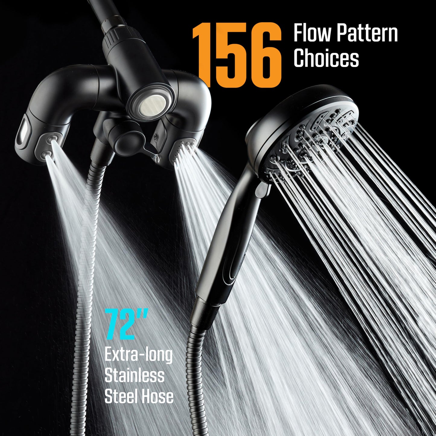 Aquadance High Pressure 156 Setting 14 Zone Shower Head & Handheld 3-way Combo System - Magnetic Docking, 314 Power Jets, Dual Adjustable Arms, 6 ft. Metal Hose, Matte Black Finish, Top American Brand