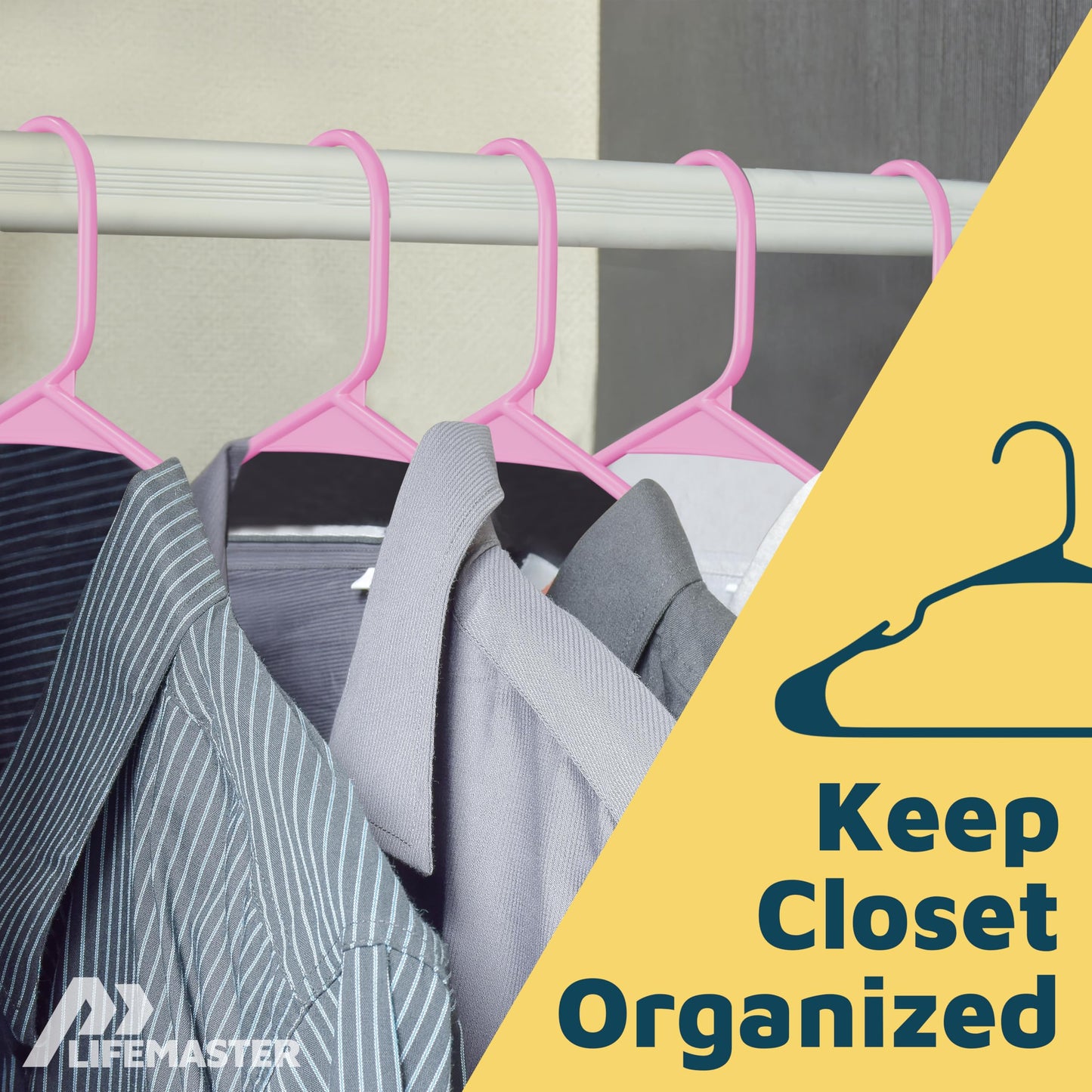 Lifemaster Plastic Clothes Hangers – Heavy Duty Hanger Set, for Organizing Clothes, Dresses, and Coat, Holds Up to 5 lbs, Space-Saving Hangers with Non-Slip Shoulder Grooves, Pack of 100, Pink