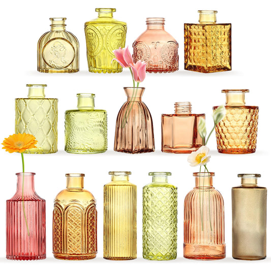 15 Pcs Colored Bud Vases Set,Vintage Glass Vases for Flower Centerpieces Wedding & Party Decor,Home Table Decorations,Bud Vases in Bulk for Housewarming
