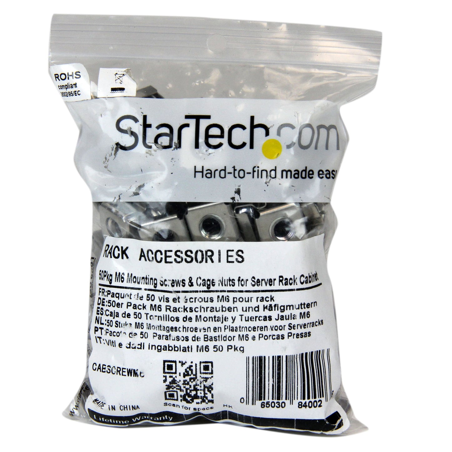 StarTech.com M6 Screws and Cage Nuts - 50 Pack - M6 Mounting Screws and Cage Nuts for Server Rack and Cabinet - Silver , TAA (CABSCREWM6)