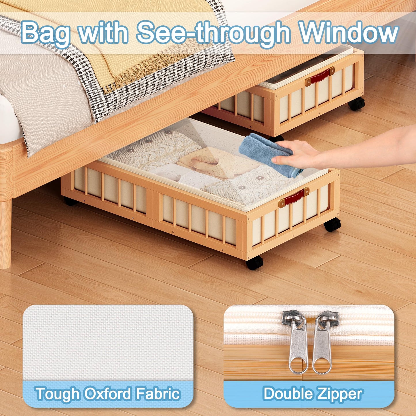 efluky 2-Pack Bamboo Under Bed Storage Containers with Wheels, Under Bed Clothes Storage Basket with Large Dust Bag, Rolling UnderBed Storage for Bedroom, Dorm and Basement, Nature