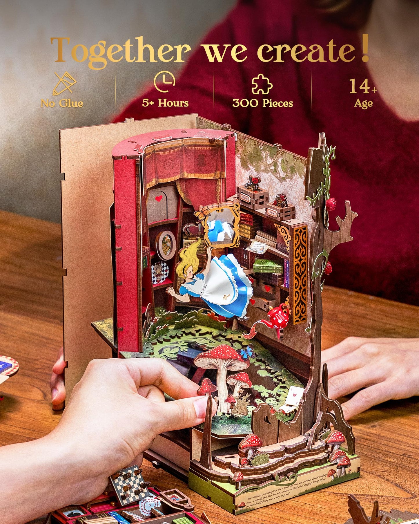Rolife Book Nook Kit Fall into Wonder DIY Miniature Kit, 9.9" Tree Hollow Booknook 3D Wooden Puzzle with LEDs Fairy Tale Bookshelf Decor Gift for Adults & Teens