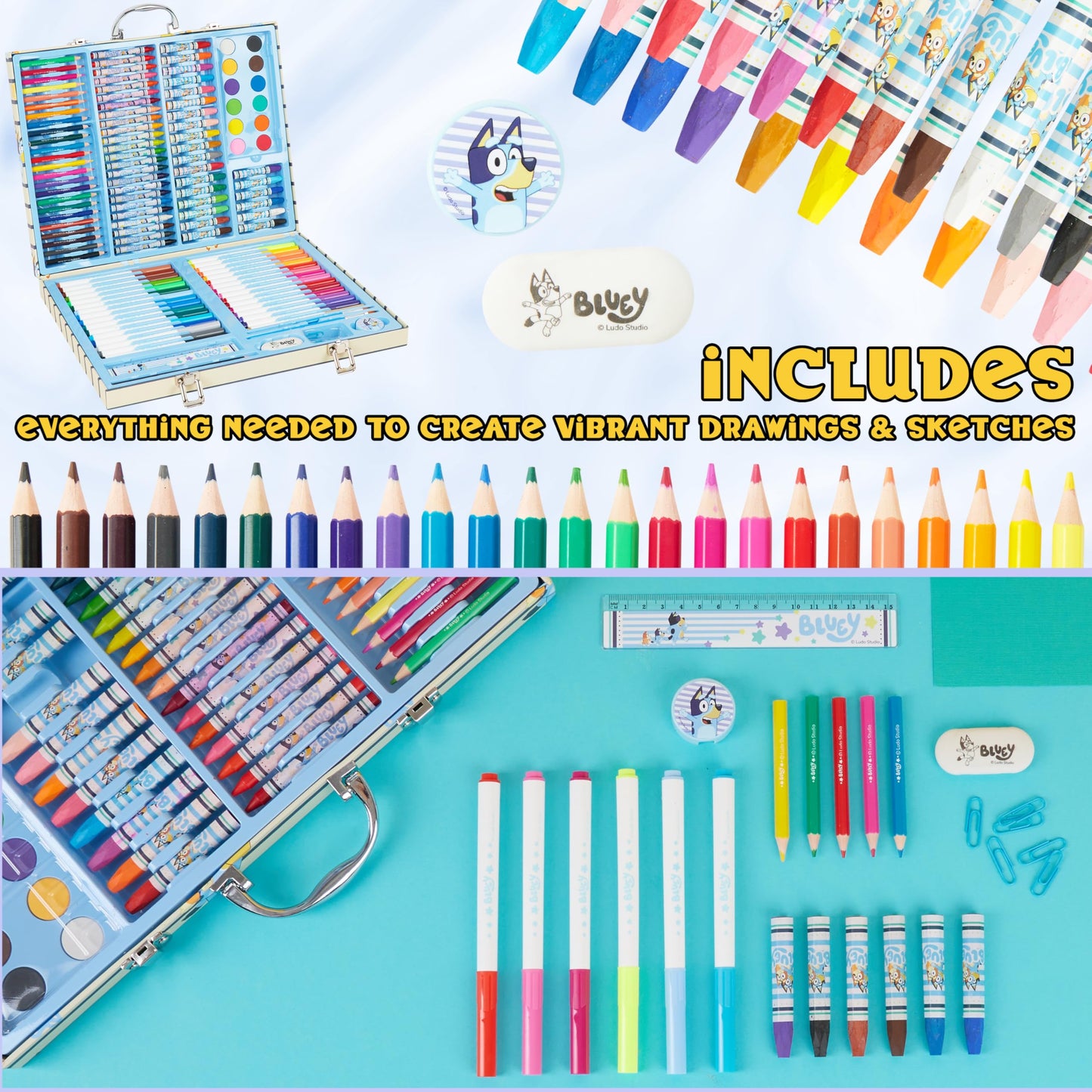 Bluey Art Set for Kids Colouring Pencils Paints Felt Tip Pens Crayons Stationery Crafts Girls Boys Art Supplies Preschool Travel 40 Plus Pcs Gift Set (Blue Case)