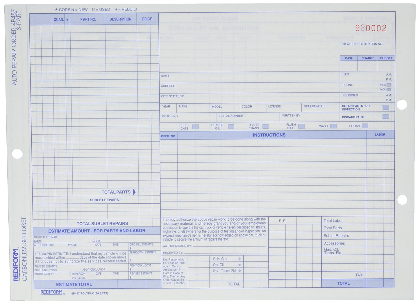 Rediform Auto Repair Polypack, Carbonless Triplicate Forms, 8.5" x 11.625", 50 Numbered Sheets (4P487)