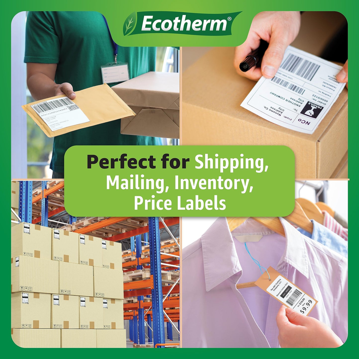 3" x 3" Thermal Labels | 4 Rolls | 2100 Labels | fits Zebra, Munbyn, Rollo, Godex, Arkscan, iDPRT, Offnova Thermal Label Printers and More | Blank White Adhesive Stickers by Ecotherm