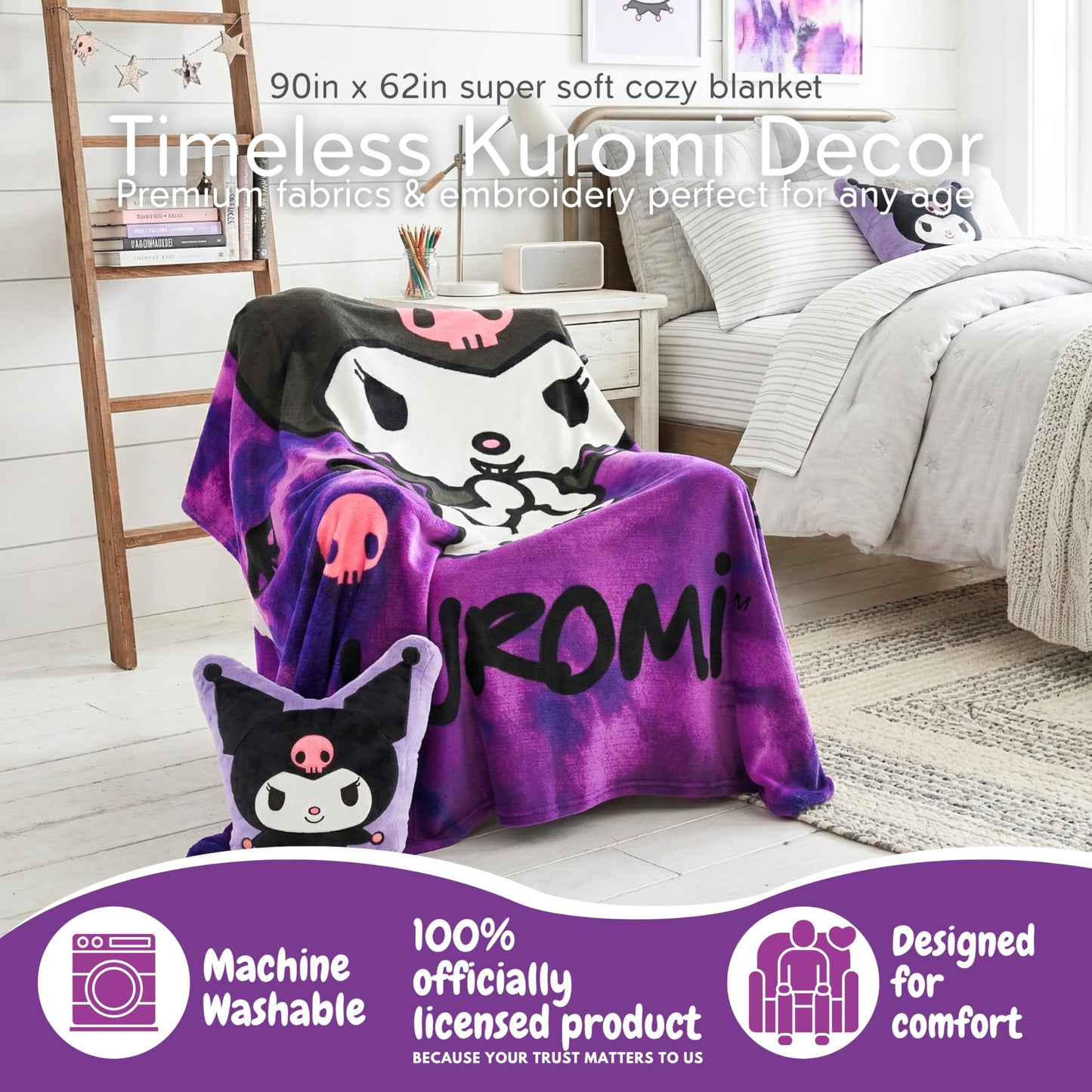 Kuromi Bedding Super Soft Cozy Blanket, 62 in x 90 in, Kawaii Collectible Gift (Officially Licensed Product) By Franco