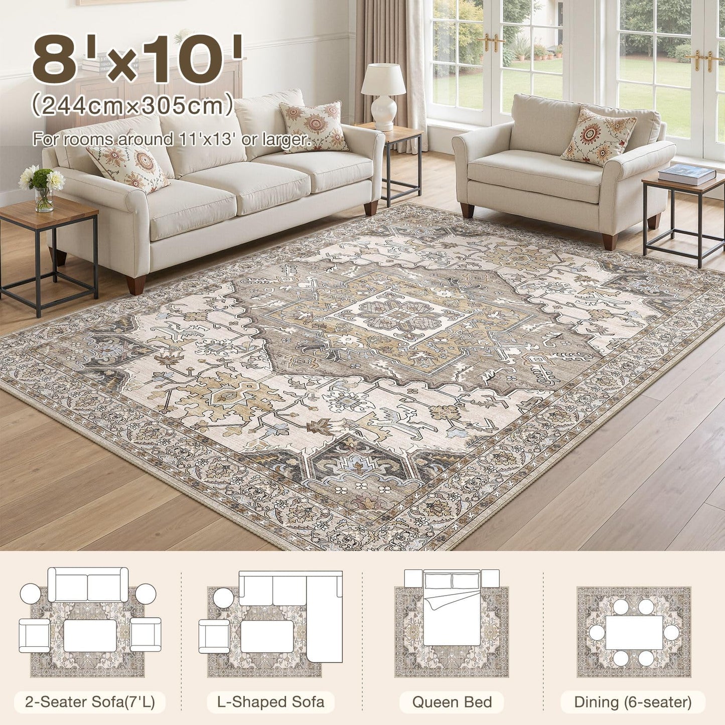 ELLIUNE 8x10 Area Rugs for Living Room: Non Slip Neutral Washable Brown Rug, Soft Stain Resistant Indoor Floor Carpets for Bedroom Dining Decor Farmhouse Home Office Kid & Pet Friendly