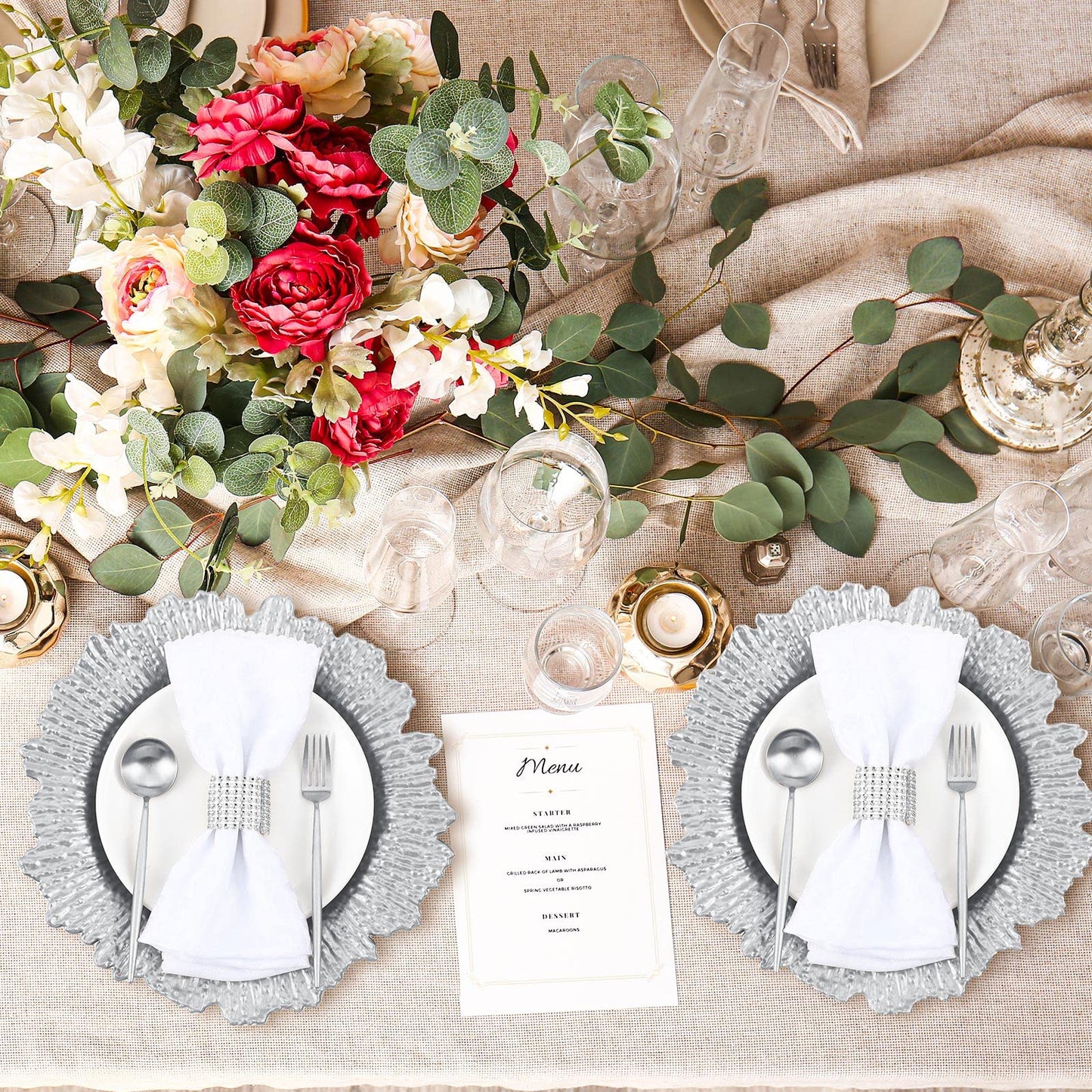 50 Pcs 13 Inch Charger Plates Bulk Plastic Plate Chargers with Floral Reef Design Round Ruffled Rim Dinner Charger Plates for Dinner Wedding Party Event Table Setting Decor (Silver)