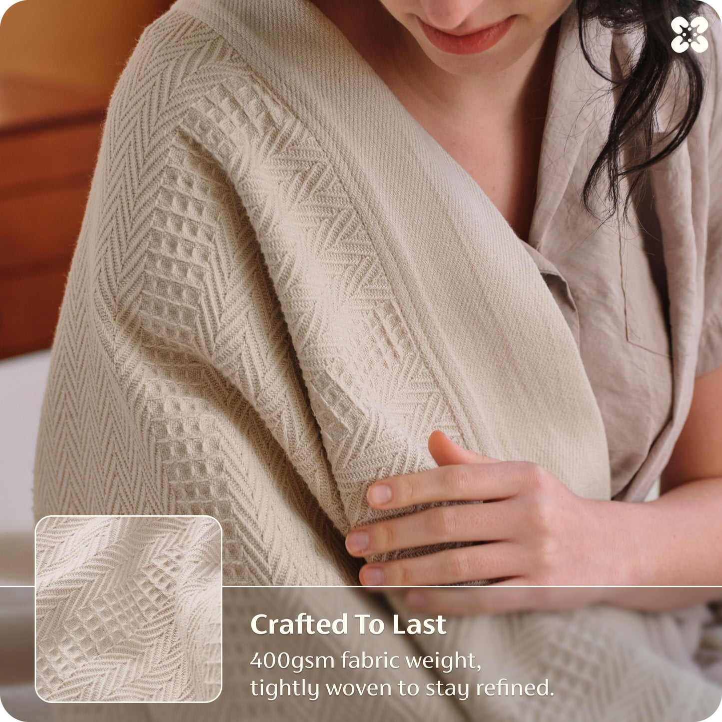 Bedsure 100% Certified Organic Cotton Blanket - Queen Size, Soft & Breathable Luxury Blankets for Bed, All Seasons Waffle & Herringbone PureWoven Textured Thermal Blanket for Adults, Kids, Beige