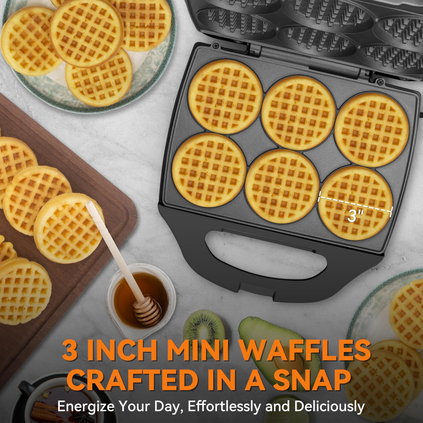 Baker's Friend Multi Mini Waffle Maker Machine, 6 x 3'' Small Waffle Iron, Perfect for Families and Individuals Use, Excellent Choice for Breakfast Brunch Parties & Events, Graphite