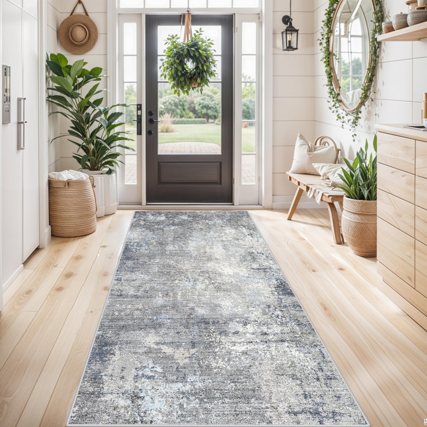 4x8 Washable Indoor Entryway Rug – Non-Slip Rubber Backed Floor Mat for Kitchen, Hallway, Bedroom – Modern Abstract Low-Pile Thin Wide Carpet Runner for Bathroom, Living Room, Office (Blue Grey, 4x8)